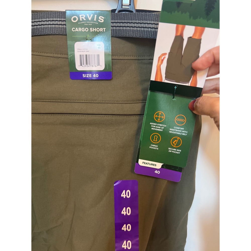 Orvis Mens Cargo Shorts Olive Night Green Size 40 Stretch Belted Tech Hiking NEW - Picture 4 of 6